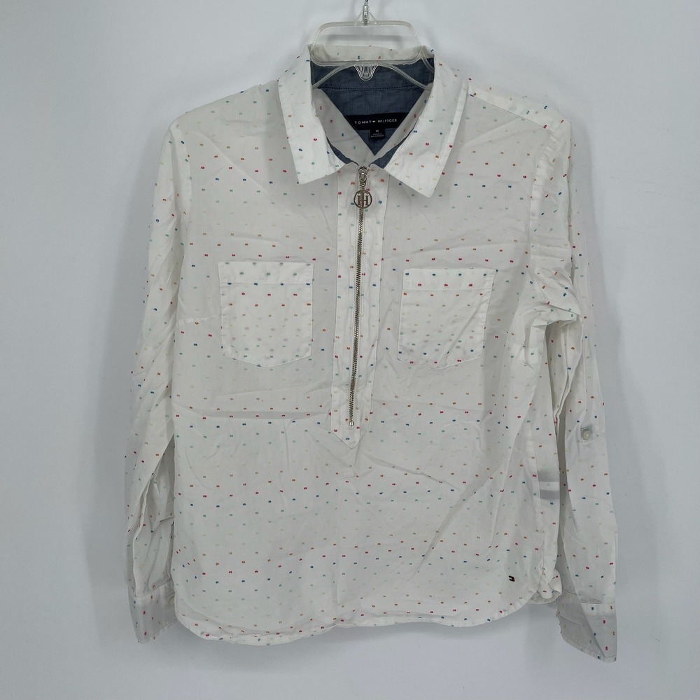 Tommy Hilfiger Women's White Polka Dot Quarter Zip Pullover Shirt Size M